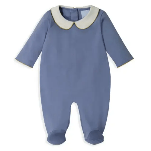 Crochet Caboose Collared Pima Footie- Steel Blue