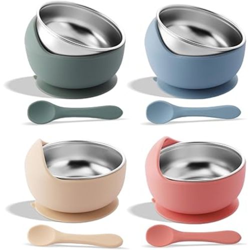 Stainless Steel Suction Bowls with Baby Spoon Set, 2-in-1 SUS304 Toddlers Bowl & Removable Silicone Suction Kids Bowl, Non Toxic Snack Container for Baby Food Feeding, Morandi Colors