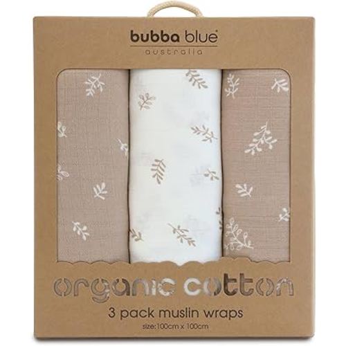 Bubba Blue Organic Cotton Muslin Wraps, Chestnut (Pack of 3)