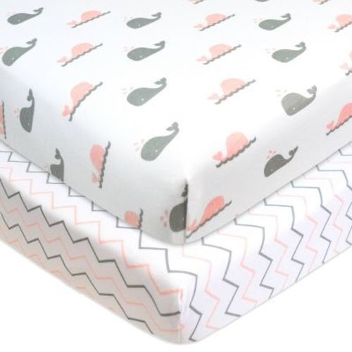 Tl Care Printed 100% Cotton Knit Fitted Mini Crib Sheet - Pink Whale/zigzag 2pk