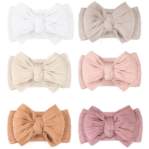 CÉLLOT Super Stretchy Soft Handmade Headbands with Double Bows Head Wrap Nylon Hair Accessories for Newborn Baby Girls Infant Toddlers Kids,Pack of 6(Light)