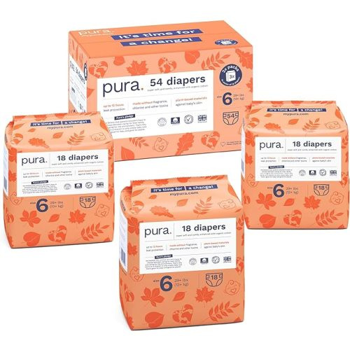 Pura Hypoallergenic Diapers, Size 1 (4-11 lbs), Monthly Pack, Totally Chlorine Free, Wetness Indicator, Suitable for Sensitive Skin, Soft Cotton Comfort, Overnight, 6 Packs of 32 (192 Baby Diapers)