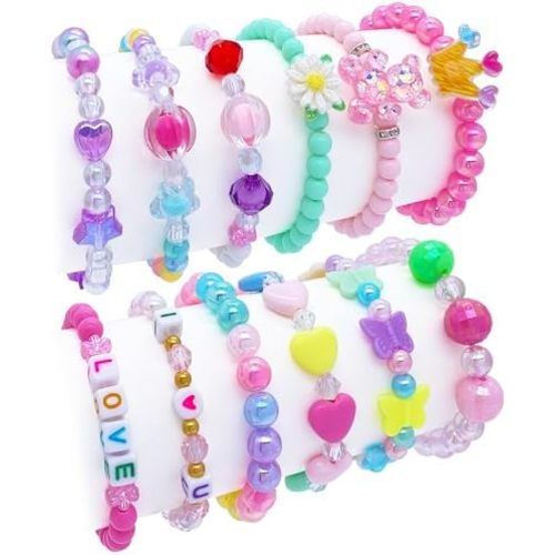 12 PCS Kids Bracelets for Girls Jewelry Little Girl Beaded Bracelets Flower Butterfly LOVE Letter Pink Princess Pretend Play Easter Christmas Birthday Gift