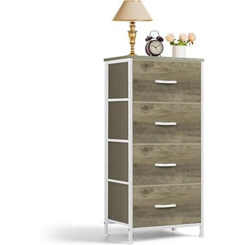 Nightstand, 4 Drawer Dresser End Table Bedside Furniture with Wooden Top Steel Frame Fabric Bins for Bedroom, Closet, Entryway, Dorm, Living Room, Greige Oak