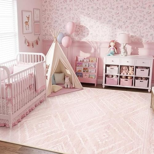 Area Rug 6x9 Rug Machine Washable Non-Slip Low Pile Print Pattern Western Rug for Living Room Bedroom Entryway Tribal Series -Light Pink/Cream