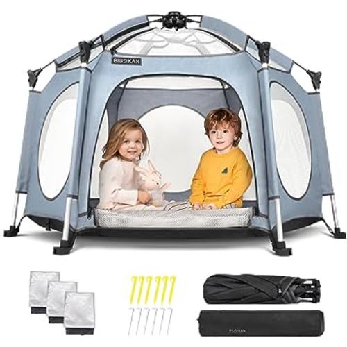 Baby Playpen for Babies and Toddlers, BIUSIKAN Premium Portable Baby Play Yard, Lightweight Pop Up Pack and Play Baby Beach Tent with Canopy and Travel Bag, Toddler Playpen for Indoor/Outdoor use