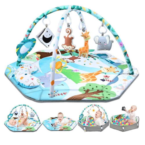 Baby Gym Play Mat, 8-in-1 Tummy Time Mat & Ball Pit with 6 Toys, Washable Baby Activity Play Mat for Visual, Hearing, Sensory, Motor Development, Baby Toys Gift for Toddler Infant 0-3-6-9-12 Months