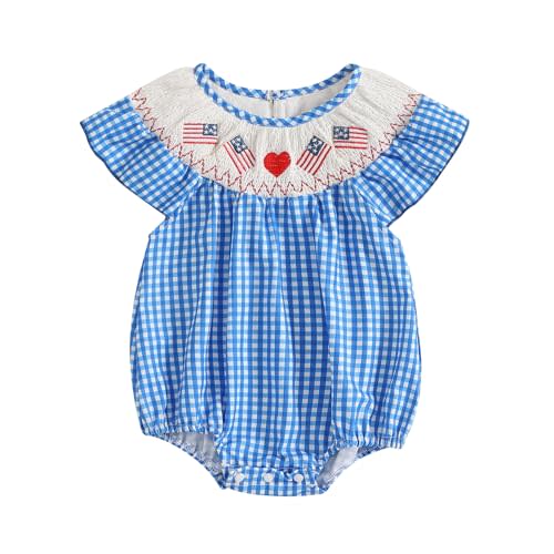 Kayotuas Newborn Baby Girls Smocked Bubble Romper Cute Embroidery Ruffle Gingham Bodysuit Dress Infant Toddler Summer Clothes