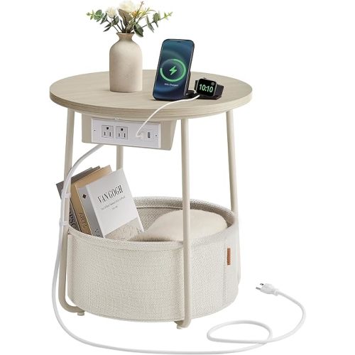 VASAGLE Side Table with Charging Station, Round End Table, Nightstand with Power Outlets, USB Ports, Fabric Basket, Living Room, Bedroom, Modern, Cream White ULET228N01