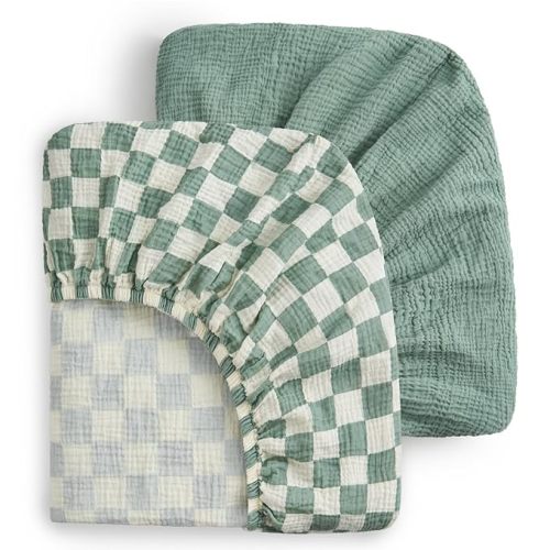 Blissful Diary Muslin Bassinet Sheets for Baby Girls Boys, Boho Soft Cotton Fitted for Oval Hourglass Rectangle Mattress, 2 Pack(Sage Checkboard & Sage Green)