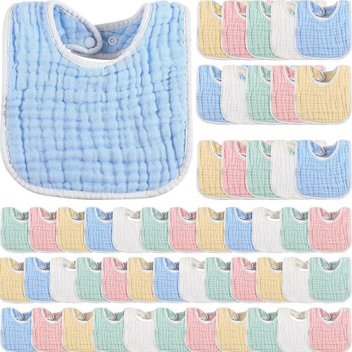 Tatuo 50 Pcs Muslin Baby Bibs Bulk Muslin Cotton Teething Bibs for Baby Boy Girls Burp Bibs with Snap, Baby Bandana Drool Bibs Absorbent Muslin Bibs for Newborn Infant Teething and Drooling, 6 Layers
