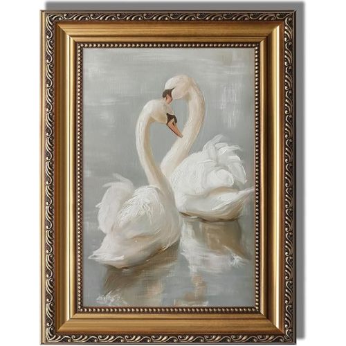KBKBART Vintage Framed Wall Art for Living Room, Farmhouse White Swan Vintage Painting Canvas Wall Art Prints for Bathroom Wall Decor, Classical Gold Framed Animal Vintage Wall Decor Aesthetic for Bedroom Nursery Wall Decor, 12”x16“