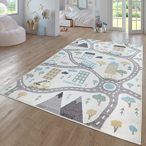 Kids Rug for Nursery with Town Streets and Cars Motif in Pastel Cream, Size: 6'7" x 9'2"