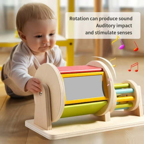 HUMJUSE Wooden Montessori Spinning Drum Toys for Babies 0-6 Months, Rattle Toy Baby Toys for 1 Year Old Infant, Wooden Toys for Baby