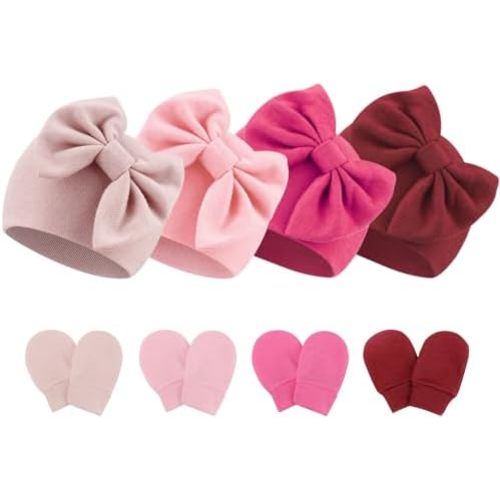 BQUBO Newborn Baby Hats Mittens Set Hospital Hat Beanie Infant Bow Hats Baby Gloves No Scratch Mittens for 0-6 Months