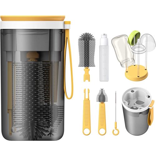 YOTIME Travel Bottle Brush Set, 6in1 Bottle Cleaning Kit with Silicone Bottle Brush, Nipple Cleaner Brush, Straw Brush, Soap Dispenser, Bottle Drying Rack and Storage Box, Yellow
