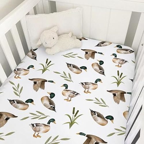 Vintage Mallard Duck Leaves Baby Crib Fitted Sheet 52''x28'' Duck Hunting Stretchy Fitted Crib Mattress Sheet for Boy Girl Wild Duck Soft Nursery Bed Sheet for Standard Crib and Toddler Mattress