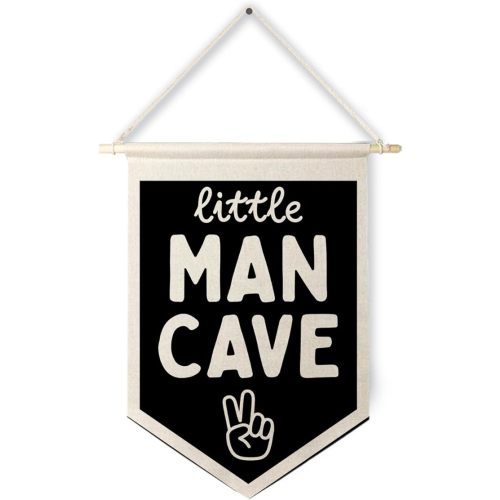 Qpenm Little Man Cave Wall Hanging Canvas Banner, Boys Room Decor, Modern Black and White Peace Sign Nursery Hanging Pennant Flag Posters Prints for Toddler Baby Little Boy Kids Room Playroom Decor