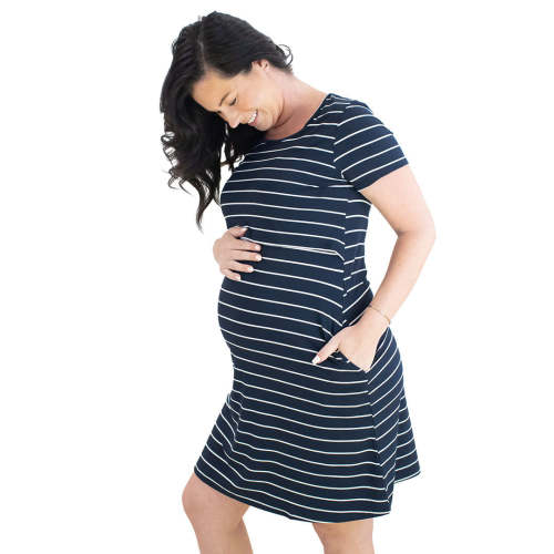 Eleanora Bamboo Maternity & Nursing Lounge Dress | Navy Stripe