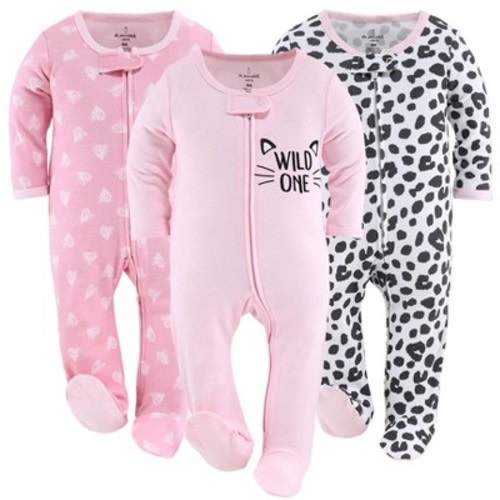 The Peanutshell Footed Baby Sleepers for Girls, Cheetah & Pink Hearts, 3-Pack, 3 to 6 Months