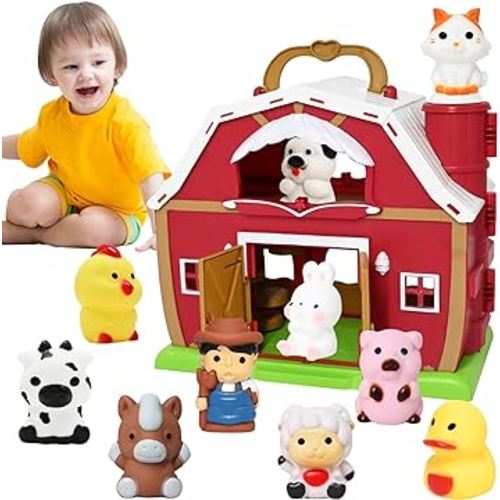 Big Red Barn Toy Farm Animal Finger Puppets for 1-3 Years Old, Pretend Farm Playset with Barn & Farmer, Preschool Montessori Learning Toys, Christmas Birthday Gift for Toddlers Boys Girls