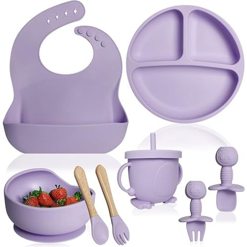 Bluet B- Silicone Baby Feeding Set - Baby Led Weaning Supplies - Baby Spoons, Suction Bowl - Plate - Baby Utensils Set - Silicone Feeding Set for Baby First Foods, Infant Eating - 8pcs - Purple