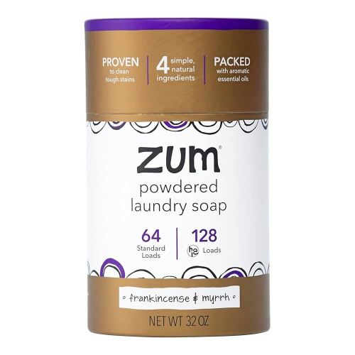 Zum Powdered Laundry Soap by Indigo Wild - Plant-Based Laundry Soap with Baking Soda, Coconut Oil & Essential Oils - 64 Loads (32 oz) - Frankincense & Myrrh