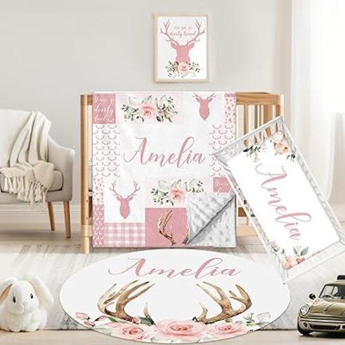 Custom Crib Bedding Set for Girls Boys, 3 Pcs Personalized Name Double Layer Blanket Crib Sheet, Soft Newborn Toddler Infant Bedding for Nursery Decor New Parents Pink Woodland Deer