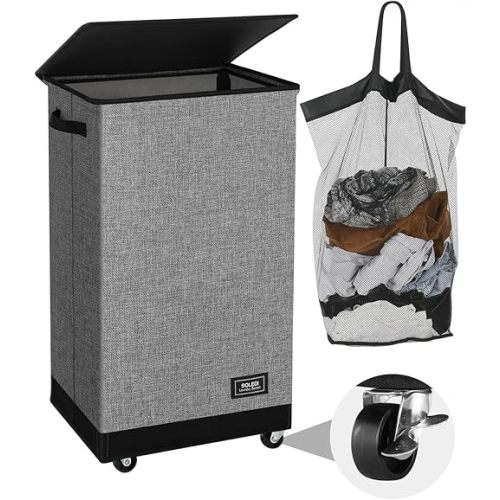 SOLEDI Laundry Basket with Wheels, Laundry Hamper with Lid 90L(23.8 gal), Clothes Hamper with Bag Removable - Rolling Laundry Basket, Move Smoothly- Suitable for Apartment, Bathroom, Bedroom, Dorm