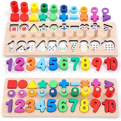 BEKILOLE Wooden Montessori Toys for Kids Toddler Number Puzzles Sorter Counting Shape Stacker Stacking Game Preschool Toys for Boy Girl Learning Education Math Blocks 1 Year Old Girl Gifts and Beyond
