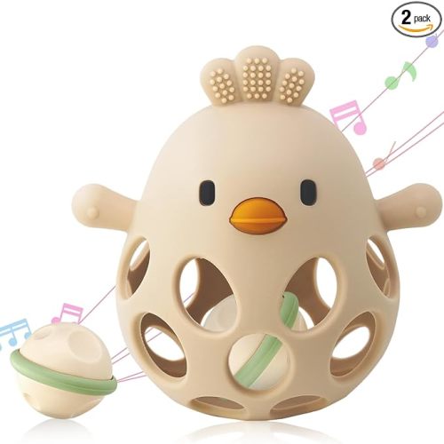 ChooKaChoo 2-in-1 Baby Teething Rattle Toy, Sensory Grasping Teether for Infants 3-12 Months, 100% Food-Grade Silicone, Easy to Hold, Soothing & Developmental, BPA Free, Easter Gifts