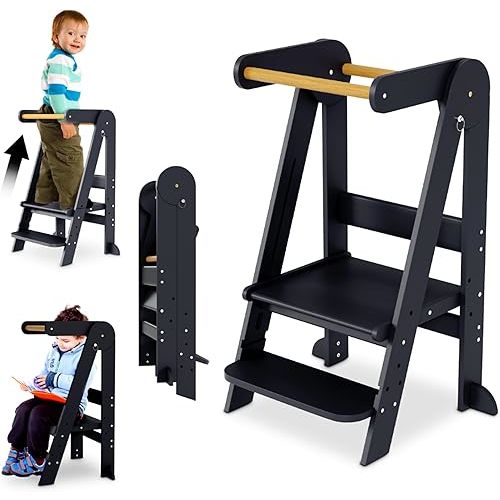 Foldable Toddler Kitchen Tower,Montessori Kitchen Stools Helper,Standing Tower with 3 Adjustable Heights, Wall Bracket - Collapsible Nonslip Stand, Montessori Step Stool for Bathroom Counter & More