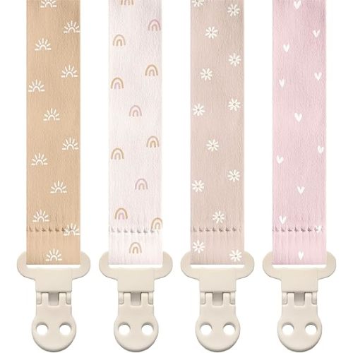 Stadela Baby Pacifier Clip Holder - Girl 4 Pack Gift Set - Boho Rainbow Suns Hearts Daisies Design (Belle)