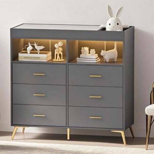 Nursery Changing Table Dresser with Removable Changing Pad, Six Storage Drawers Adjustable LED Lights Built In Device Charging Station