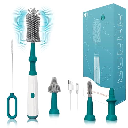 Electric Bottle Brush Cleaner Set, Waterproof Electric Baby Bottle Brush with 4 Piece Silicone Brush for Bottle,Pacifier,Straw, Multifunctional Water Bottle Brush Cleaner for New Moms, 1500mAh(Green)