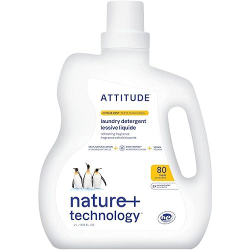 ATTITUDE Liquid Laundry Detergent, EWG Verified Laundry Soap, HE Compatible, Vegan and Plant Based Products, Cruelty-Free, Citrus Zest, 80 Loads, 67.6 Fl Oz