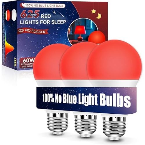 Neporal Red Light Bulbs for Sleep 9W, 100% Blue Light Blocking Red Night Light, 625nm Red Light Bulb for Melatonin Promoting, A19 60W Equivalent Dim Light Bulbs for Bedroom, Baby Nursery,3 Pack