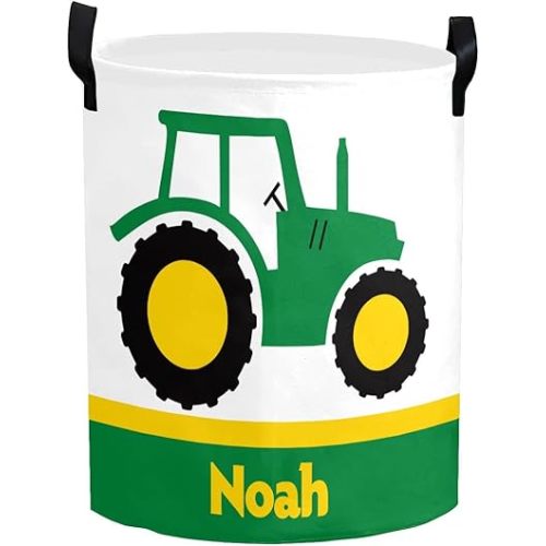 Personalized Laundry Basket Hamper,Farm Tractor Truck Green,Collapsible Storage Baskets with Handles for Kids Room,Clothes, Nursery Decor