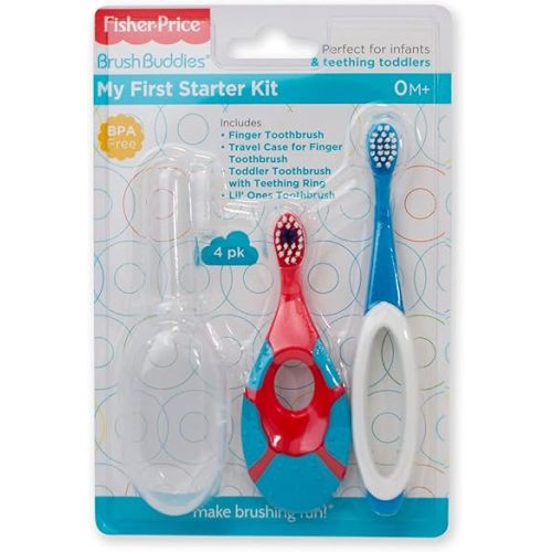 Fisher Price | My First Starter Kit | 4 Piece Set | Finger Toothbrush and Travel Case, Toddler Toothbrush with Teething Ring, Lil' Ones Toothbrush