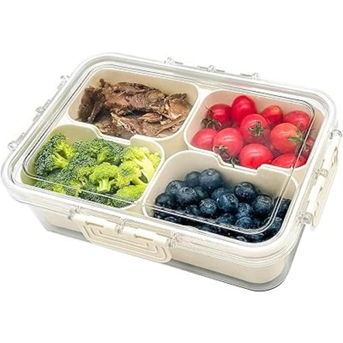 Snackle Box Container, Upgrade Dishwasher,Safe Snack Box for Adult Kids, 4 compartments Plastic Divided Serving Tray with Lid and Handle for Candy, Fruits, Snacks, Nuts,Small,1 Pack