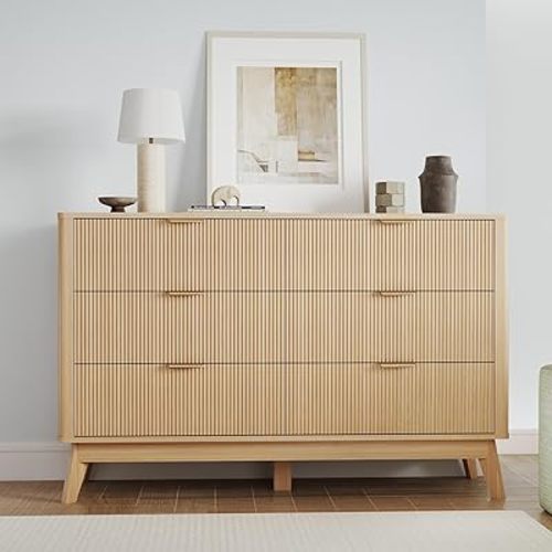 SUNWAVE 6 Drawer Dresser for Bedroom, 49.6" Wide Modern Fluted Dresser with Round Corner, Wood Chest of Drawers for Living Room
