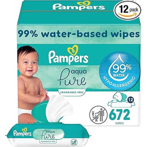 Pampers Aqua Pure Sensitive Baby Wipes, 99% Water, Hypoallergenic, Unscented, 12 Flip-Top Packs (672 Wipes Total)