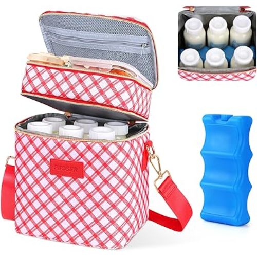 PIIOSER Breastmilk Cooler Bag with Ice Pack, Fits 6 Baby Bottles Up to 9 Oz, Stylish Baby Cooler Travel Bags with Shoulder Strap, Double Deck & Leakproof for Nursing & Working Mom-Red & White Striped