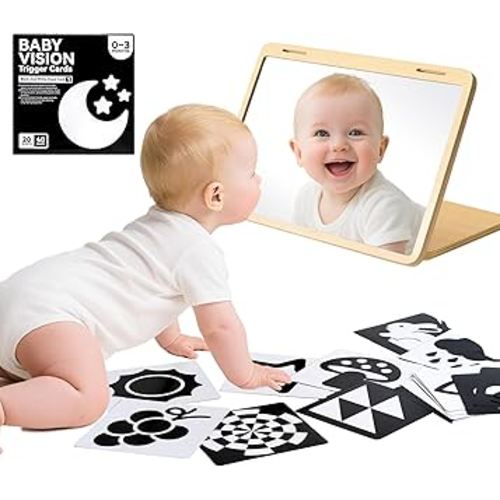 Tummy Time Mirror for Baby Montessori Baby Floor Mirror with High Contrast Black and White Cards Infant Safe Mirror Toy for Newborn