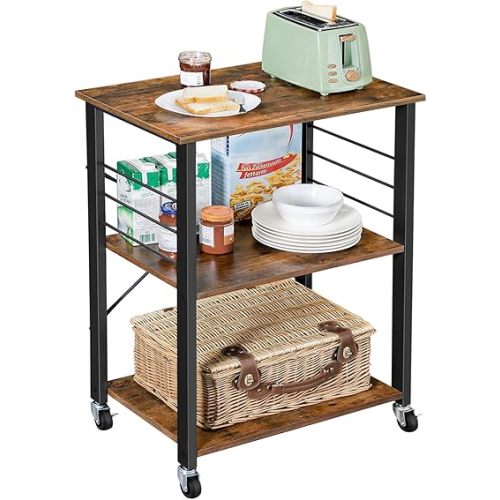 VASAGLE Kitchen Shelf on Wheels, Serving Cart with 3 Shelves, Kitchen Cart, Microwave Shelf, for Mini Oven, Toaster, with 6 Hooks, Industrial Style, Rustic Brown and Black UKKS60XV1