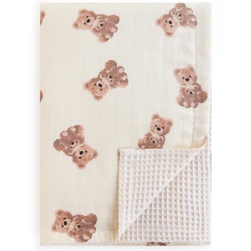 LifeTree Baby Waffle Blankets, Muslin Swaddle Blankets for Boys Girls, Double-Sided Neutral Receiving Blanket with Muslin Front and Waffle Backing Infant Newborn, Bear Pattern
