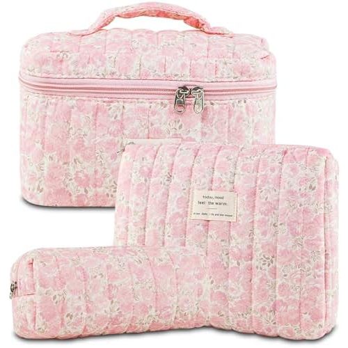 3Pcs Makeup Bag Cotton Quilted Travel Cosmetic Bag Cute Floral Makeup Pouch Large Toiletry Bag for Women Girls (Flowers-Pink3)