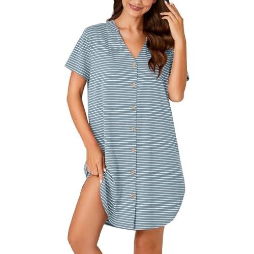 Vrtige Women's Cotton Striped Nightshirt Notch V Neck Short Sleeve Button Down Nightdress Nightgown