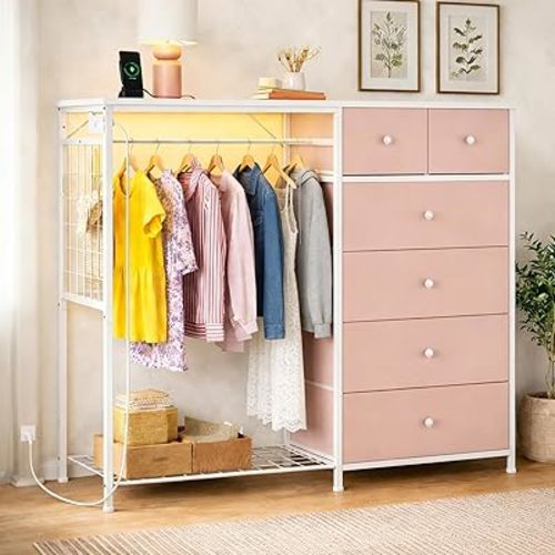 Simple Deluxe Storage Clothes Rack with 6 Drawers, Charging Station & LED Lights, Fabric Chest Shelves Clothing Rack, Wooden Portable Wardrobe Closet, 49.2" W x 15.7" D x 47.2" H, PINK