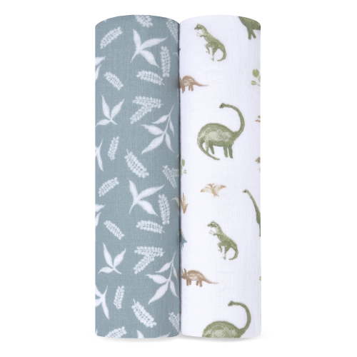 aden + anais Essentials Muslin Swaddle Blankets, Newborn Receiving Blanket for Swaddling, 100% Cotton Baby Swaddle Wrap, 2 Pack, Dino Jungle, Blue
